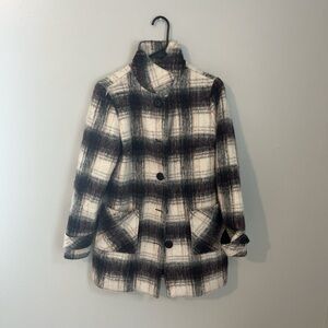 Elegant Plaid Pea Coat - Black and White